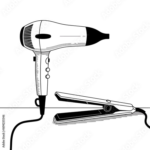 Black and White Line Art Illustration of Hair Dryer and Flat Iron Beauty Tools for Hair Styling and Personal Care