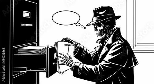 Skeleton detective sifting through files with a focused expression. Skeleton detective examining documents in filing cabinet drawer, revealing crucial details.