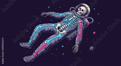 Skeleton astronaut floating among celestial bodies and colorful stars in outer space. Skeleton astronaut in spacesuit showing bones and the skull in open space, depicted in a unique style.