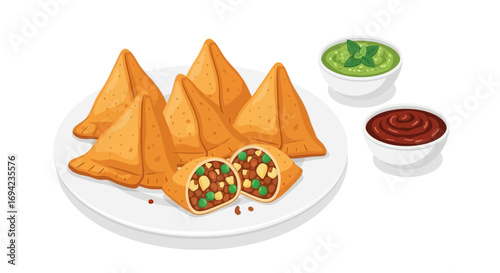 Delicious crispy samosas with dipping sauces served on a white plate