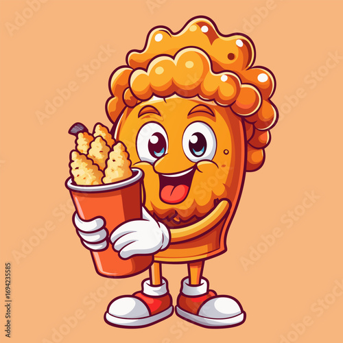 Pencil cute mascot eats fried chicken happily