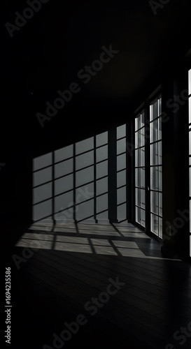 Dramatic play of natural sunlight and deep shadows creating intricate geometric patterns across a minimalist interior space, highlighting architectural lines and serene solitude