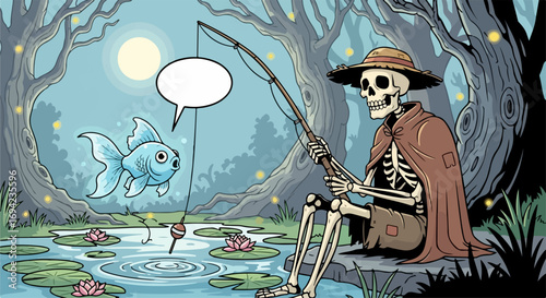 Fishing scene with skeleton enjoying leisure time near pond with lily pads. This spooky fishing scene shows angler catching a fish. Concept fishing scene for humor or horror,