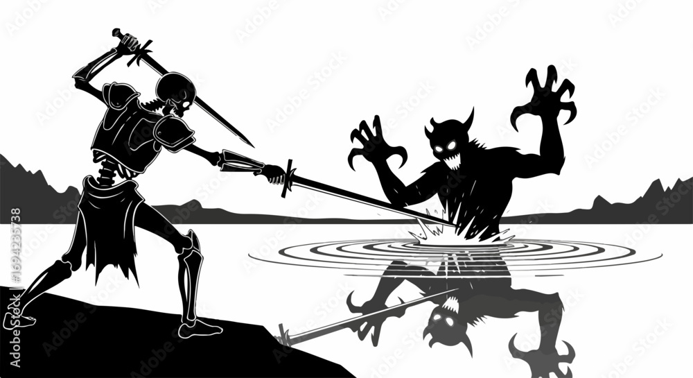 Obraz premium Undead combat between skeleton warrior and devil emerging from lake water, undead combat presented in black and white illustration. Fantasy scene depicts undead combat, dramatic tension.