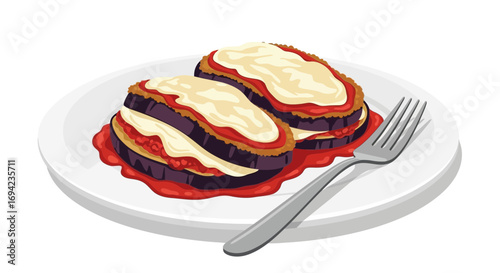 Delicious eggplant parmesan stack served with sauce and fork on plate