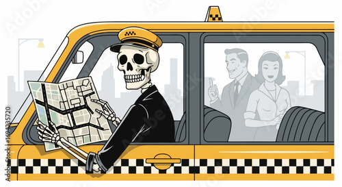 Taxicab illustration featuring skeleton driver holding city map and passengers in back seat. Creepy taxicab illustration has grinning skeleton in driver's seat holding unfolded map,