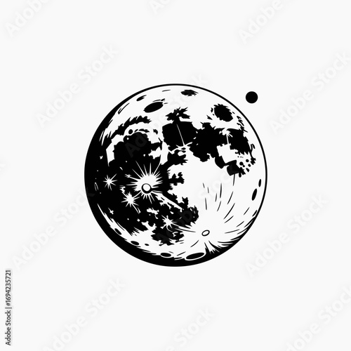Detailed Black and White Illustration of the Moon with Craters and Another Celestial Body in Space