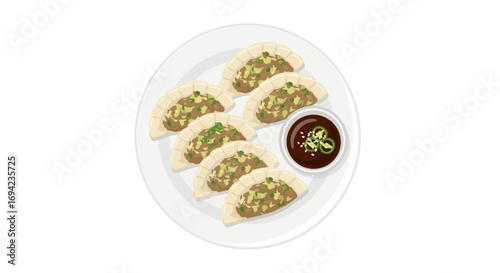 Delicious dumplings with savory filling and spicy dipping sauce on plate