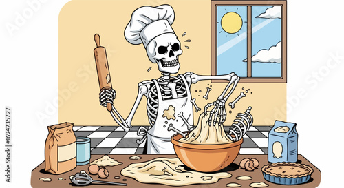 Cartoon chef bakes in messy kitchen with ingredients scattered on countertop. Cartoon chef prepares dough using rolling pin and bowl with flour. Cartoon chef is baking,