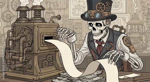 Steampunk illustration displays skeleton working with long bill and mechanical device, indicating Steampunk concept.