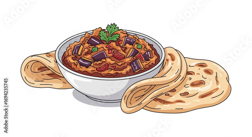 Delicious eggplant curry with naan bread, a culinary adventure awaits