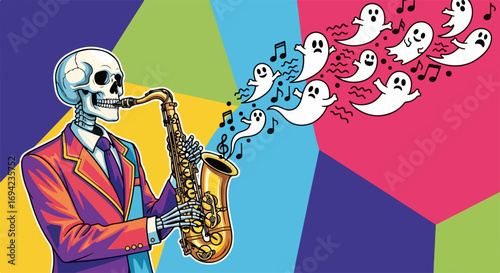 Skeleton playing saxophone with ghosts coming from it, surreal illustration depicting skeleton playing music with instrument, wearing vivid suit on colorful background.