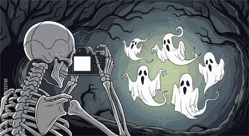 Skeleton photographer taking photograph of ghosts on Halloween night, with ghoulish figures floating eerily. Spooky skeleton photographer uses his camera to capture spectral figures,
