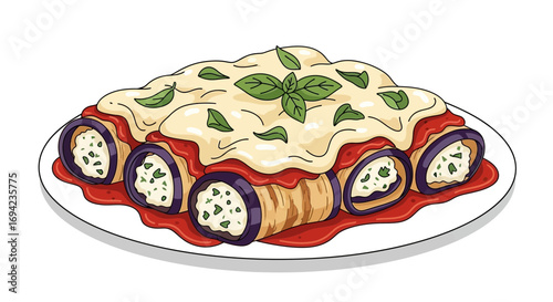 Delicious eggplant rolls with cheese and basil served on a white plate