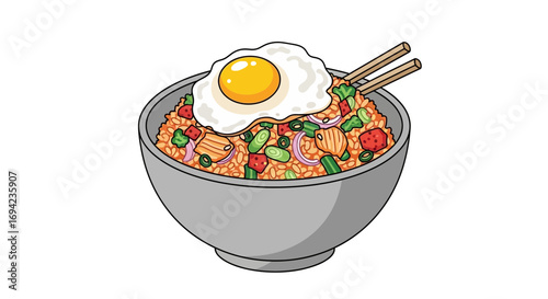 Delicious Fried Rice Bowl with Egg and Chopsticks Detailed Illustration
