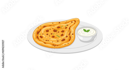 Delicious garlic naan served with refreshing yogurt dip on white plate