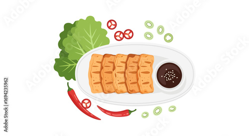 Delicious golden tofu served with fresh vegetables and savory sauce