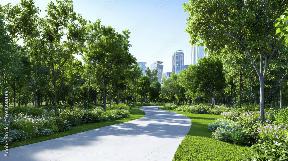 Fototapeta premium Lush green urban park with trees, flowers, and pathway, creating serene atmosphere amidst city buildings