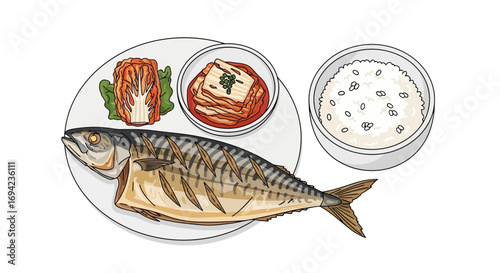 Delicious grilled mackerel with various kimchi and a bowl of fluffy rice dish