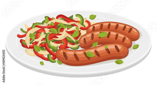 Delicious grilled sausages with colorful vegetable salad food illustration