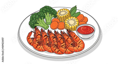 Delicious grilled shrimp platter with colorful vegetables and dipping sauce