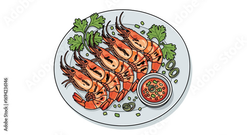 Delicious grilled shrimps with sauce and herbs on a round white plate