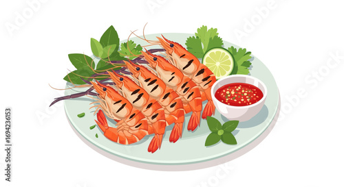 Delicious grilled shrimp served with spicy dipping sauce and fresh herbs