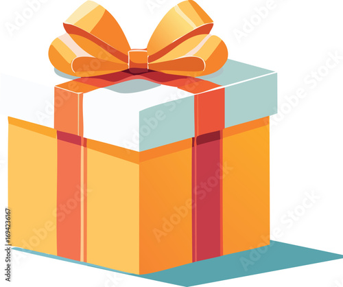 An illustration of a festive orange and white gift box tied with a large, shiny orange ribbon and bow.