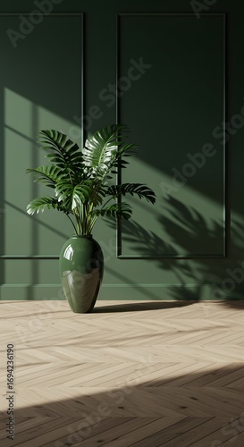 A lush green houseplant in a glossy ceramic vase casting dramatic shadows from bright sunlight against a dark green paneled wall in a minimalist interior with a wooden floor
