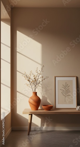 Warm sunlight streams into a tranquil, minimalist room, casting shadows on a beige wall and illuminating a terracotta vase on a wooden bench