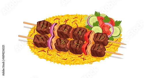 Delicious kebab skewers with rice, vegetables and healthy meal concept
