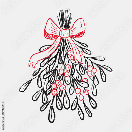 Hand-drawn mistletoe branch with berries and leaves, a classic symbol of Christmas and winter holidays. Vector sketch illustration in crayon vintage style. Print design