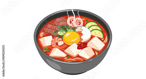 Delicious kimchi stew illustration with tofu and egg in a black pot