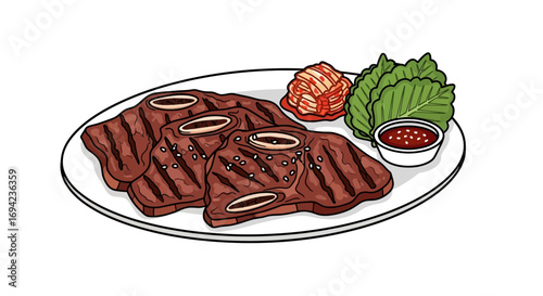 Delicious korean bbq galbi served with kimchi and lettuce on white plate