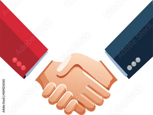 Two people shaking hands, one in a red suit jacket and the other in a blue suit jacket, symbolizing agreement.