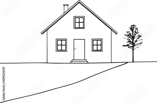 Simple line drawing of a house with a tree home building