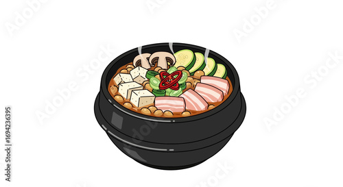 Delicious korean kimchi jjigae stew in a traditional black pot bowl