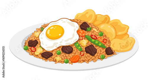 Delicious nasi goreng with fried egg and crispy chips on a white plate