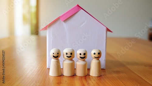 Family home concept wooden figures happy family house mortgage homeownership insurance