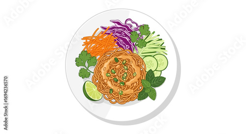 Delicious noodle dish with fresh vegetables and herbs on a white plate