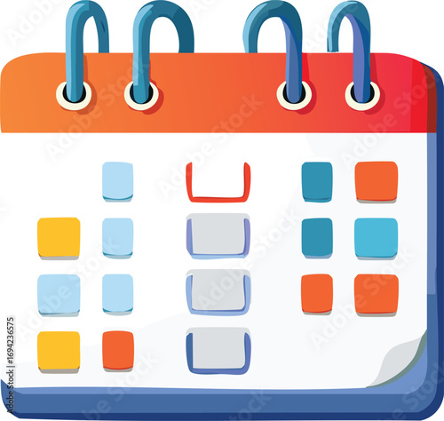 A colorful cartoon calendar icon with a blue spiral binding and a grid of days for scheduling appointments and events.