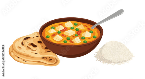 Delicious palak paneer dish with roti and rice, Indian culinary delight
