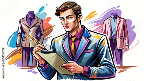  Close-up portrait of male fashion designer holding pencil sketch on clipboard. Isolated white background highlights creativity, elegance, and the modern artistry of clothing design.