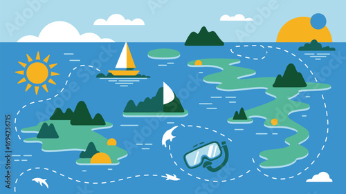 Illustrated ocean scene with islands sailboats sun clouds and diving mask in a cartoon style design