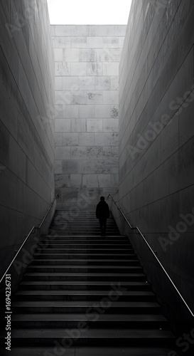Ascending the Gray Solitary Figure on Stairway to Light in Stone Walls