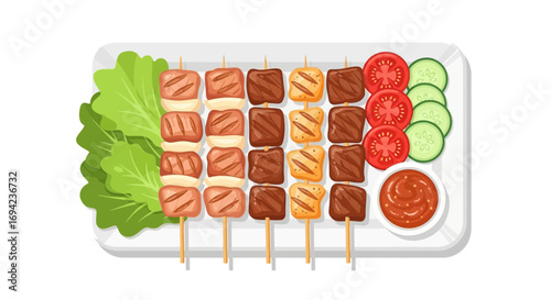 Delicious satay skewers with fresh vegetables and flavorful dipping sauce
