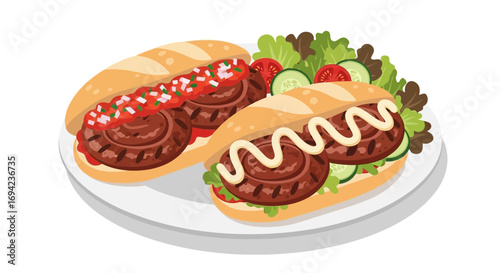Delicious sausage subs with fresh salad and condiments for a delightful meal