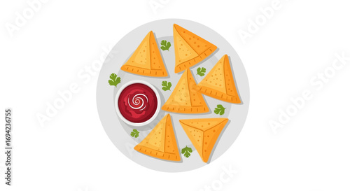 Delicious samosa snacks arranged on a platter with dipping sauce display