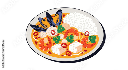 Delicious seafood curry with rice, mussels, shrimp, and coconut milk dish