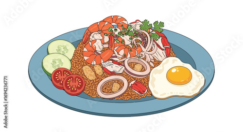 Delicious seafood fried rice with fried egg and fresh vegetables artwork